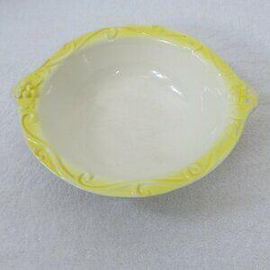 Vintage California Pottery Serving Bowl White Yellow Swirl Floral Embossed MCM